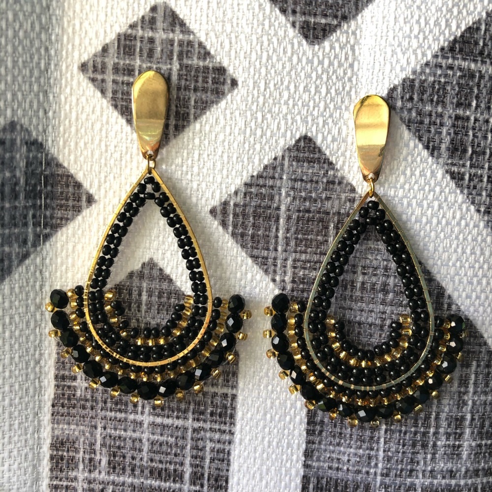 Gold teardrop earrings with black & gold beads - Picture 2 of 5